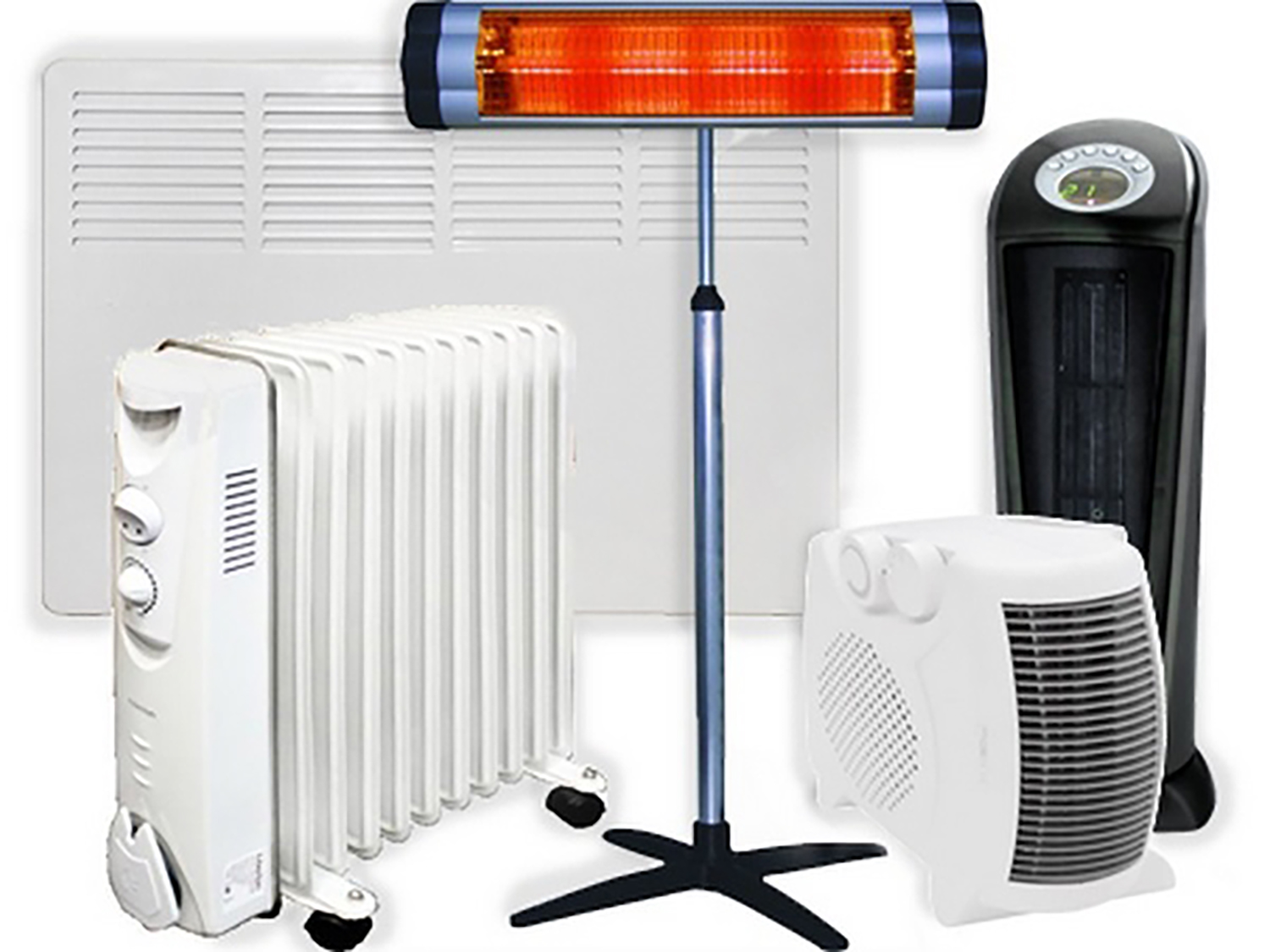 різні види обігрівачів на білому фоні