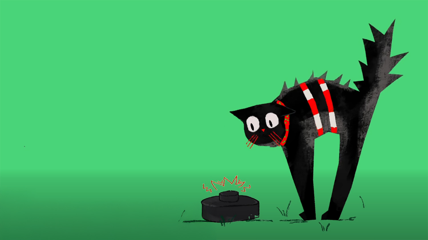 малюнок чорного кота біля міни на зеленому фоні